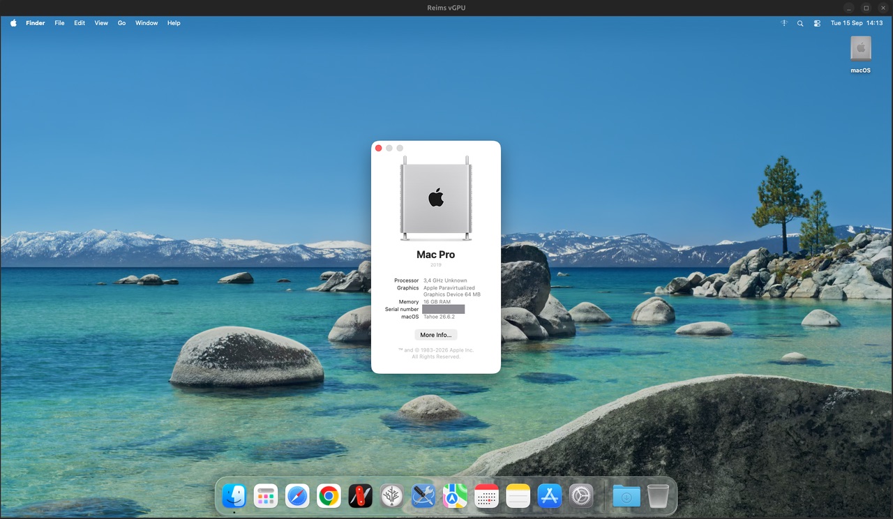 macOS Tahoe 26.6.2 em execução na janela Reims vGPU, com a janela Sobre este Mac aberta mostrando Mac Pro, gráficos Apple Paravirtualized Graphics Device e 16 GB de memória. Número de série oculto.